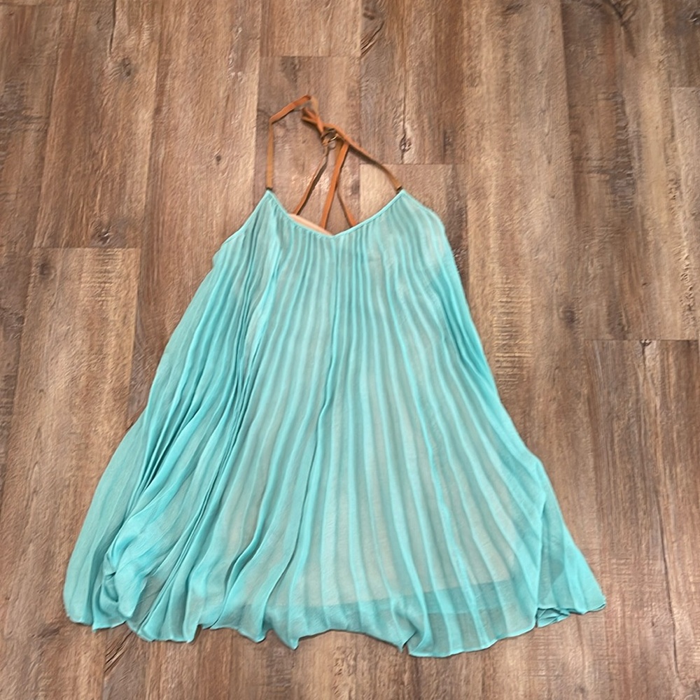 BCBG Maxazria teal leather straps mini dress